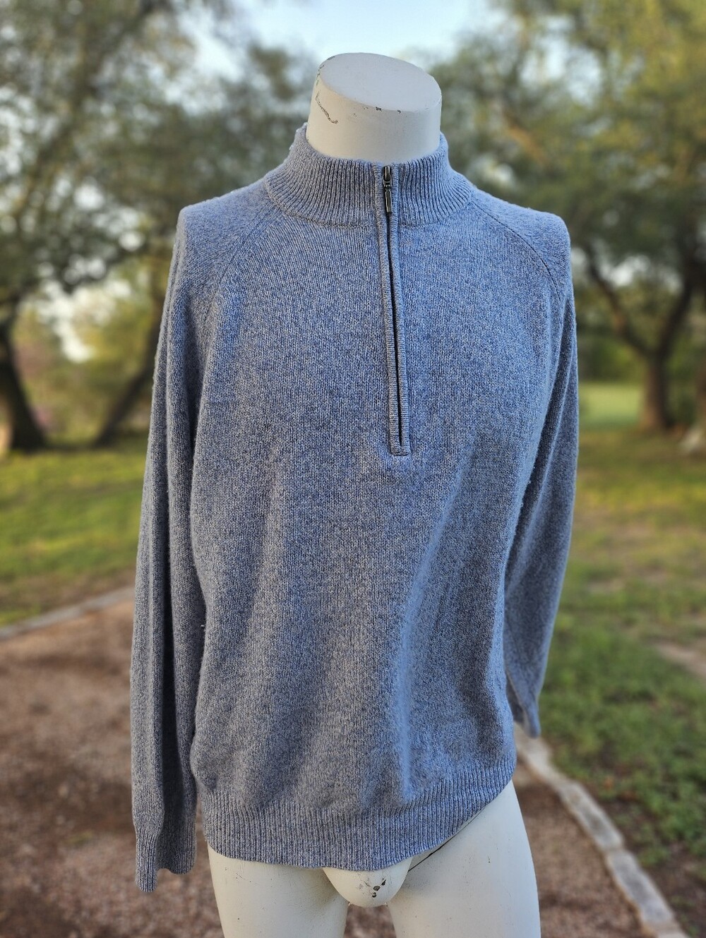 Turtleson Men's Half-Zip High Neck Sweater Pullover Blue Tweed Mix 100% Cashmere